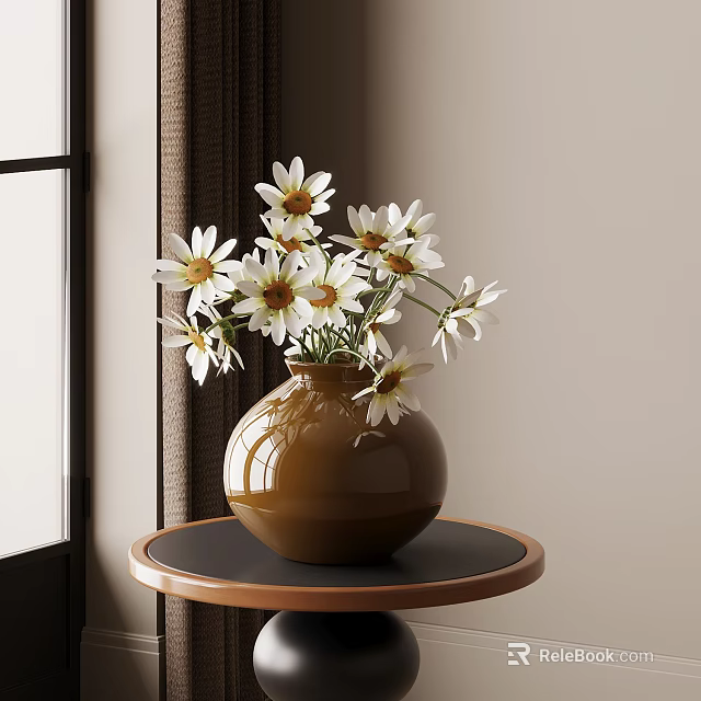 White Daisies with Yellow Centers in Brown Vase on Black Table Near Window with Curtains 3d model 