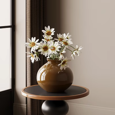 White Daisies with Yellow Centers in Brown Vase on Black Table Near Window with Curtains 3d model