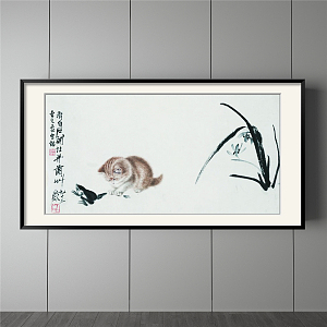 New Chinese Animal Painting Black and White Hallway Water Cat Decorative Painting 3d model