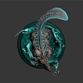 Detailed Fantasy Creature 3D Sculpture With Horned Head And Glowing Blue Liquid Base