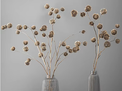 Minimalist Dried Flower Stems In Two Textured Vases On Gray Background 3d model