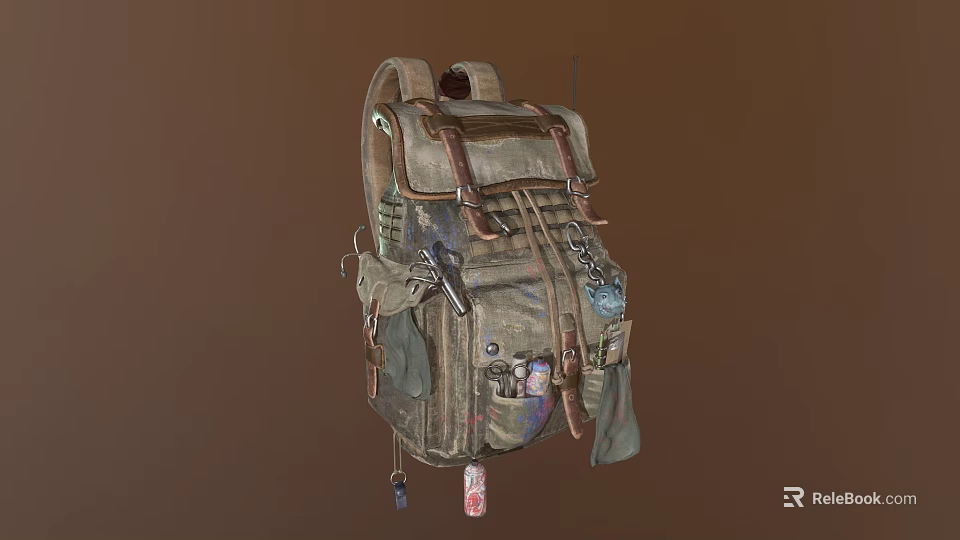 Vintage Military Style Multi Pocket Utility Backpack For Outdoor Use With Accessories And Straps 3d model 