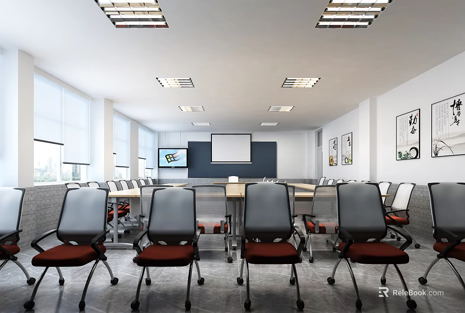 Modern Conference Room Interior With Multiple Office Chairs Projection Screen Whiteboard Windows And Artworks 3d model 