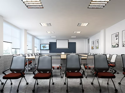 Modern Conference Room Interior With Multiple Office Chairs Projection Screen Whiteboard Windows And Artworks 3d model