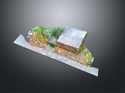 Small Building Exterior With Green Plants And Fallen Leaves On Stone Pathway 3d model