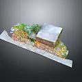 Small Building Exterior With Green Plants And Fallen Leaves On Stone Pathway