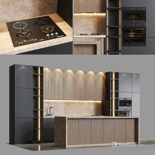 Modern Kitchen Design With Wooden And Black Cabinets Lighting And Island Countertop 3d model 