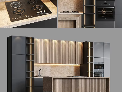 Modern Kitchen Design With Wooden And Black Cabinets Lighting And Island Countertop 3d model