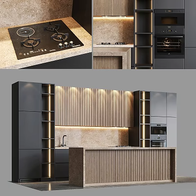 Modern Kitchen Design With Wooden And Black Cabinets Lighting And Island Countertop 3d model