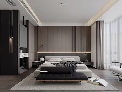 Modern Bedroom Interior Design With Dark Wood Walls Large Bed And Rug 3d model