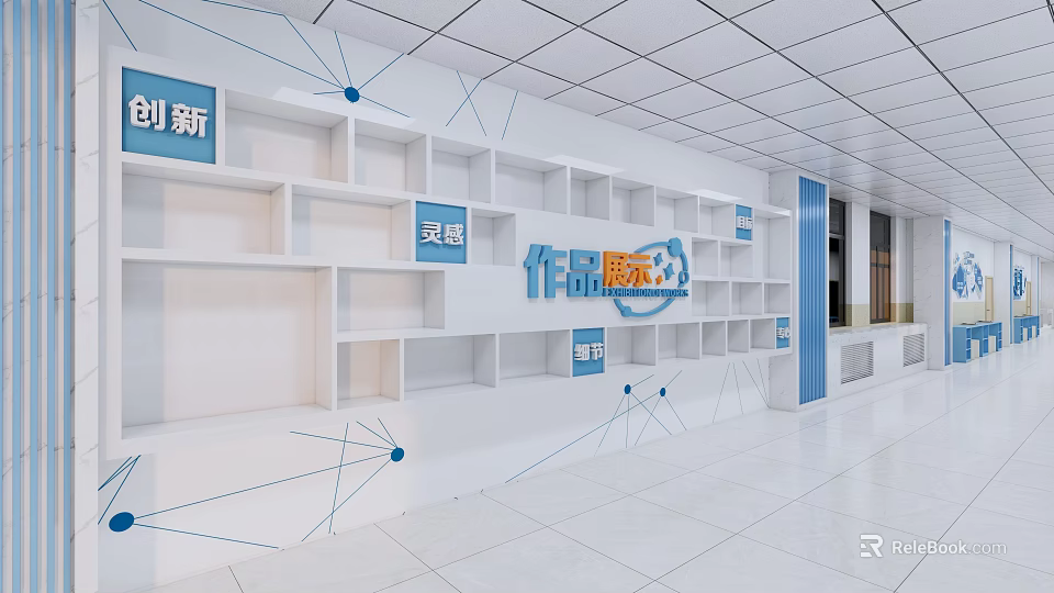 School Student Works Display Area With Innovation Practice And White Shelves 3d model 