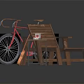 Wooden Recliner Chair With Small Side Table And Red Bicycle For Outdoor Relaxation Area