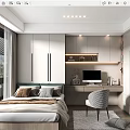 Modern Tatami Bedroom Interior Design With Bed Desk Computer And Cabinets 3d model