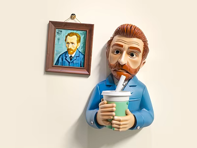Van Gogh Themed Decorative Ornament Set with Portrait and Figure Holding Cup for Wall Decor 3d model