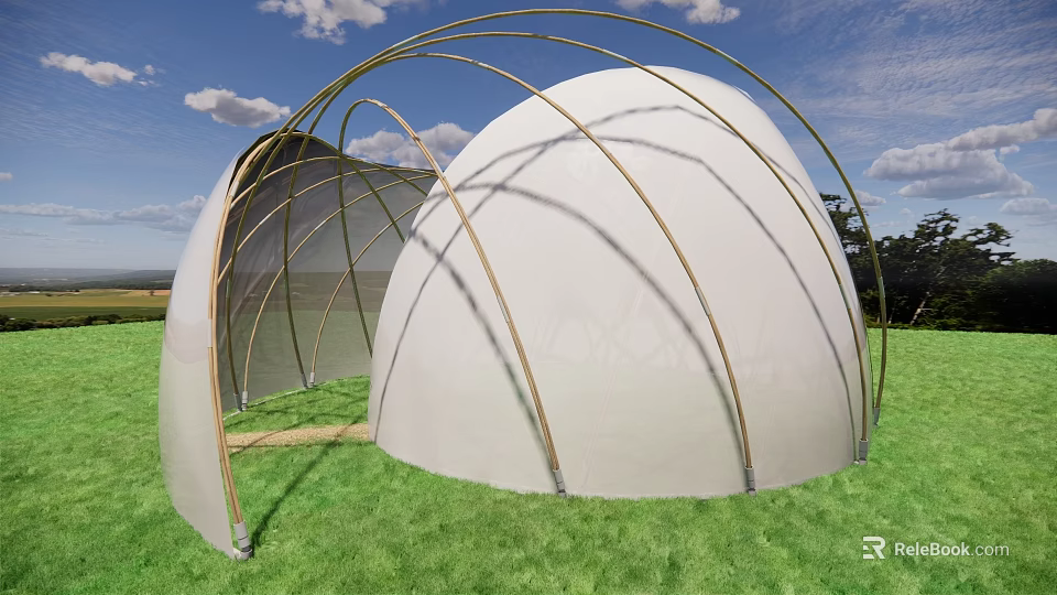 White Dome Structure With Golden Arched Supports On Green Grass Under Blue Sky 3d model 