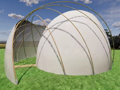 White Dome Structure With Golden Arched Supports On Green Grass Under Blue Sky 3d model