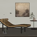 Modern Leather Chaise Lounge with Black Metal Frame Floor Lamp Green Plant and Abstract Painting
