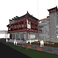 Traditional Chinese Commercial Street With Classic Architecture Black Roofs Red Decorations Courtyard Stone Paved Paths