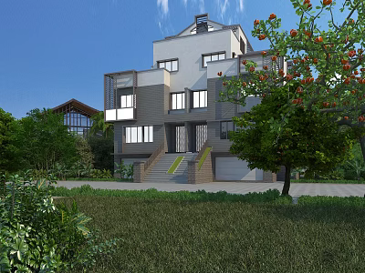 Modern Semi Detached Villa Exterior With Multiple Windows Balcony Green Trees Lawn And Blue Sky 3d model