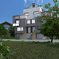 Modern Semi Detached Villa Exterior With Multiple Windows Balcony Green Trees Lawn And Blue Sky