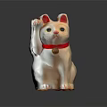 White Maneki Neko Decorative Ornament Set With Red Collar And Gold Bell Raised Paw