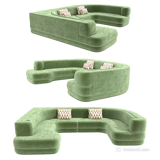 Modern Green Curved Two Seater Sofa With Checkered Pillows And Velvet Upholstery 3d model 