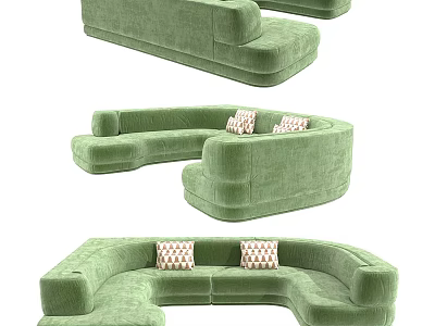 Modern Green Curved Two Seater Sofa With Checkered Pillows And Velvet Upholstery 3d model