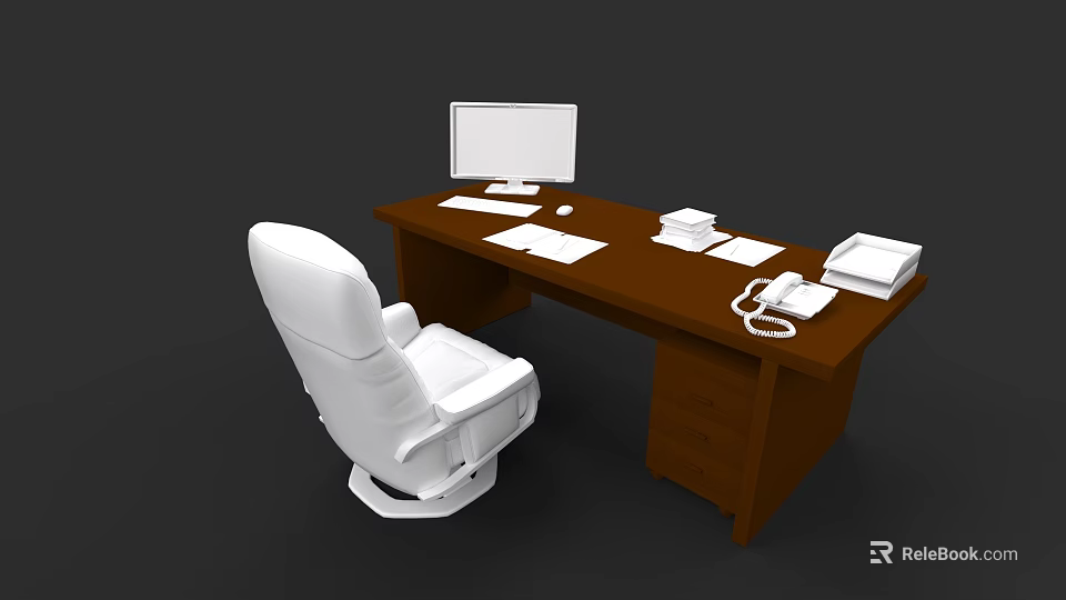 Wooden Office Desk With White Office Chair Computer Monitor And Documents 3d model 