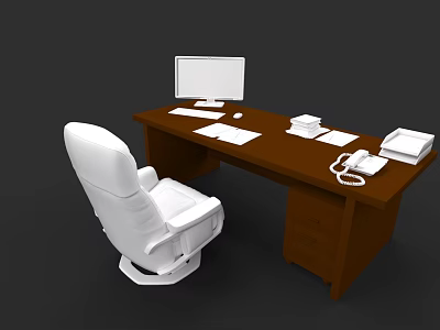 Wooden Office Desk With White Office Chair Computer Monitor And Documents 3d model