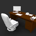 Wooden Office Desk With White Office Chair Computer Monitor And Documents