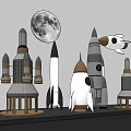 Space Themed Decorative Ornament Set With Moon And Rocket Models 3d model