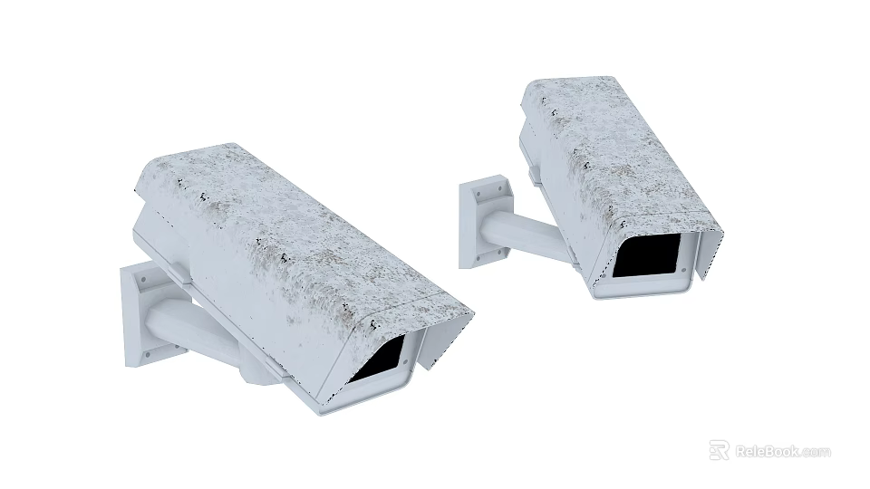 Outdoor White Weathered Security Cameras With Mounting Brackets And Grimy Surfaces 3d model 