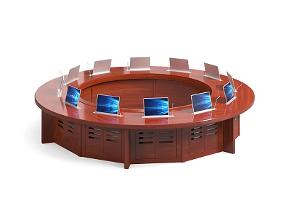 Round Wooden Conference Table With Laptops For Business Meetings Setup 3d model