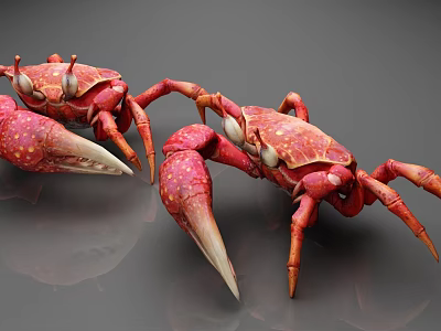 Red Crabs 3D Model With Large Claws On Gray Reflective Surface 3d model