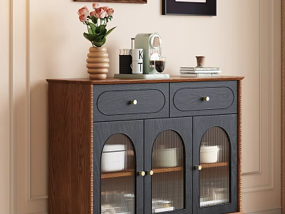 Wooden Sideboard With Drawers Glass Doors And Vase Coffee Machine On Top 3d model