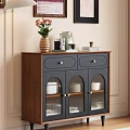 Wooden Sideboard With Drawers Glass Doors And Vase Coffee Machine On Top