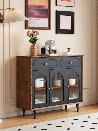 Wooden Sideboard With Drawers Glass Doors And Vase Coffee Machine On Top 3d model