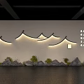 Oriental Themed Interior Space With Wooden Lattice Mountain Lighting And Rockery