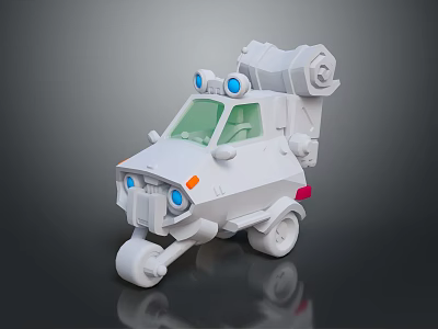 Smart Machine as White Vehicle with Blue Lights Green Windows and Rear Scroll Device Design 3d model