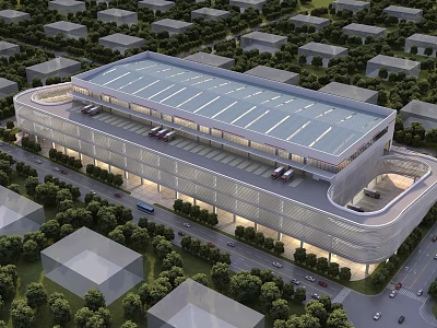 Modern Industrial Factory Building With Large Glass Facade Roof Structure Surrounding Trees And Roads 3d model