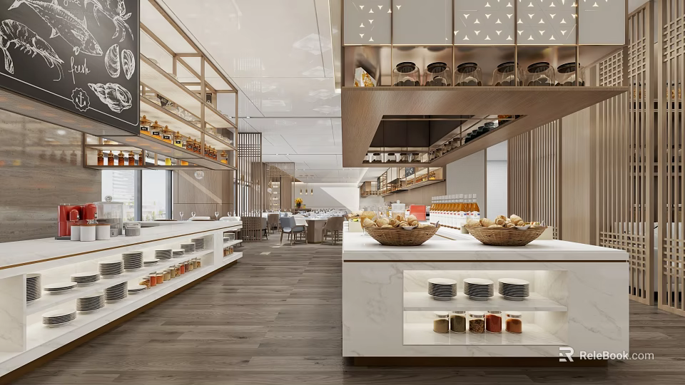 Modern Restaurant Interior With Open Space Wooden Floors White Counter Food Baskets And Natural Light 3d model 