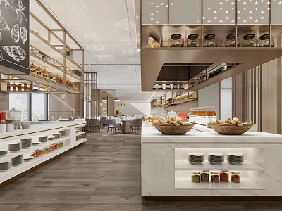 Modern Restaurant Interior With Open Space Wooden Floors White Counter Food Baskets And Natural Light 3d model