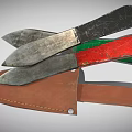 Vintage Knives With Colored Handles And Metal Blades Near Leather Sheath