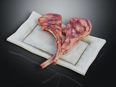 Raw Lamb Chops Placed on Light Colored Square Plate Against Black Background 3d model