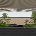 Courtyard Garden Featuring Lush Greenery Pine Trees Rocks and Water Feature with Decorative Wall