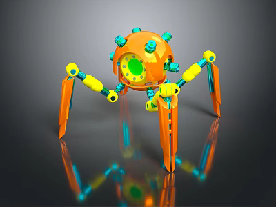 Robotic Spider Creature With Orange Body Yellow Joints And Green Center 3d model