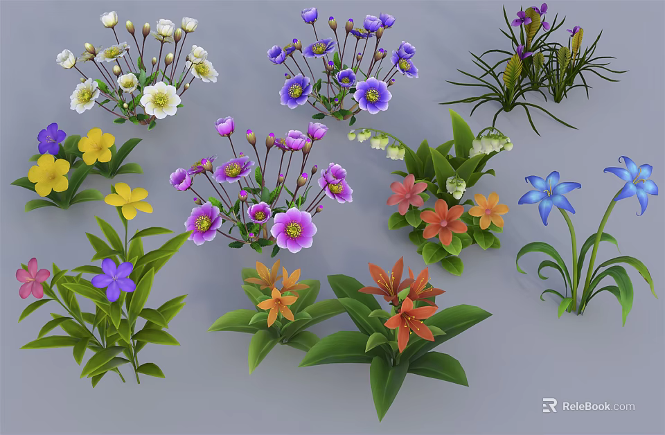 Colorful Flowers And Green Leaves In Various Colors For Garden Decoration 3d model 