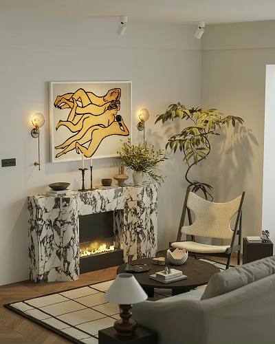 Modern Marble Fireplace Burning Fire in Living Room with Artwork Plant and Armchair 3d model