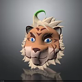 Cartoon Tiger Head 3D Model With Blue Eyes White Mane And Green Top Decoration