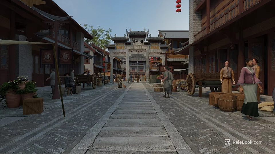 Ancient Architecture Historic Street Scene With Stone Pavement Archway Pedestrians And Horse-Drawn Carts 3d model 